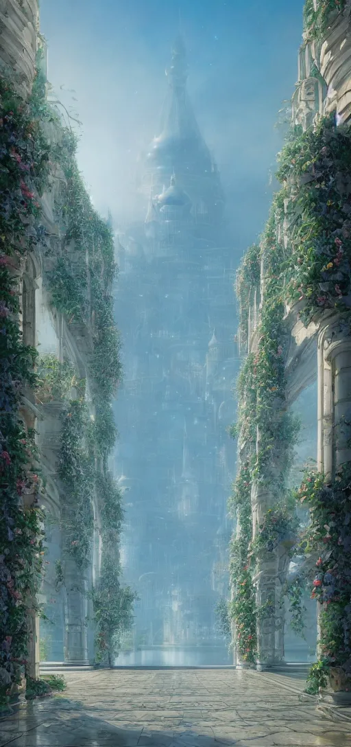 Image similar to vanishing point, palace like the kremlin in distance on a lake is covered with aqua blue roses, viewed from afar, stephen bliss, misty, unreal engine, fantasy art by greg rutkowski, loish, ferdinand knab, and lois van rossdraws,, global illumination, radiant light, minimalist, detailed and intricate environment