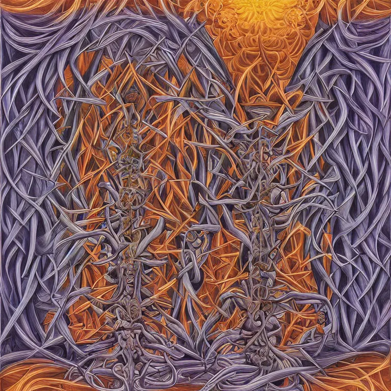 Image similar to expression of mind-matter interaction through death by Alex Grey and M. C. Escher collaboration, digital painting, Groundcore