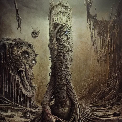 Image similar to an epic horrifying fantastic hyperdetailed 3 d matte painting photo taken with nikon d 7 5 0 an of a decaying eldritch creature partially covered with grafitti art by moebius by zdzisław beksinski by jakub rozalski by nekro