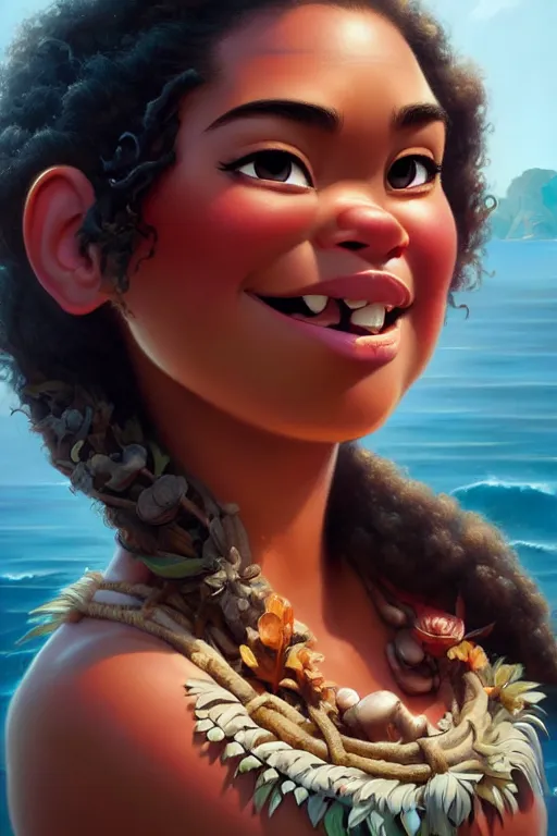 Image similar to moana, hyper detailed, digital art, ue, artstation, natural lighting, studio quality, smooth render, by caravaggio, artgerm, greg rutkowski, peter mohrbacher, hajime sorayama, boris vallejo, craig mullins, intricate fractal lace