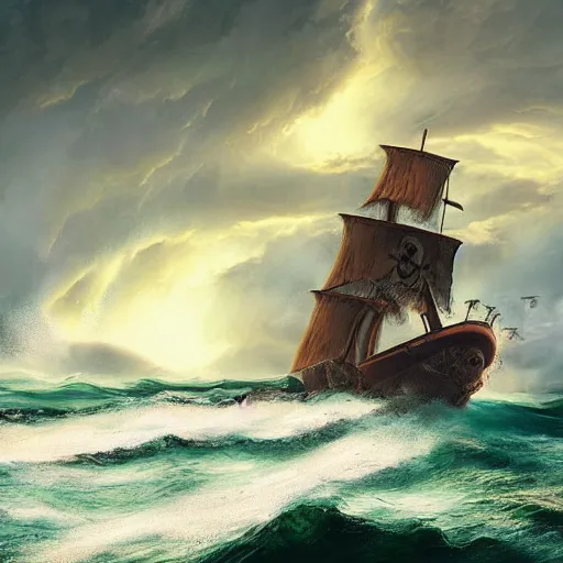 Prompt: pirate sloop, heavy winds, huge waves, supernatural green clouds, sunset, dramatic lighting, digital art, behance, artstation, hd