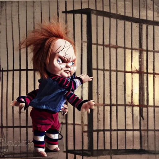 Image similar to the doll chucky in the middle of a cage fighting with doll annabelle, epic mma fight, dramatic poses, dolls are in motion, disneyland as backdrop, oil painting, by greg rutkowski