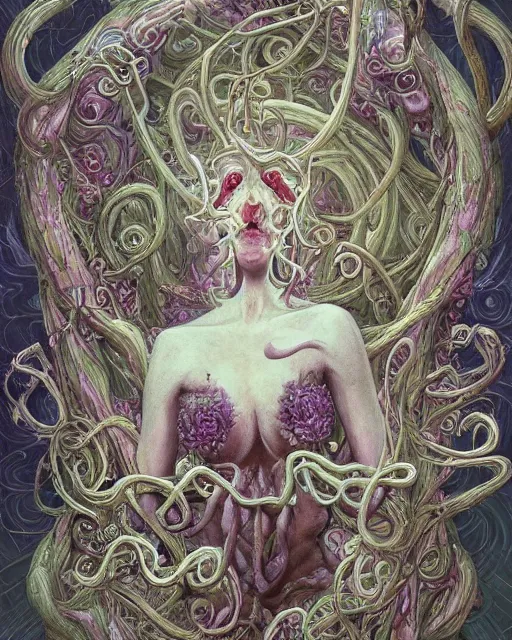 Image similar to centered horific detailed front view portrait of a crazy old woman with ornate tentacles growing around, ornamentation, flowers, elegant, beautifully soft lit, full frame, by wayne barlowe, peter mohrbacher, kelly mckernan, h r giger