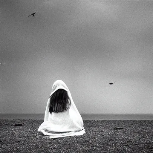 Prompt: Conceptual Art glitch girl wrapped in a blanket and very very tall monster looks into the distance on the beach, in the rain, style of Hiroshi Sugimoto, atmospheric,