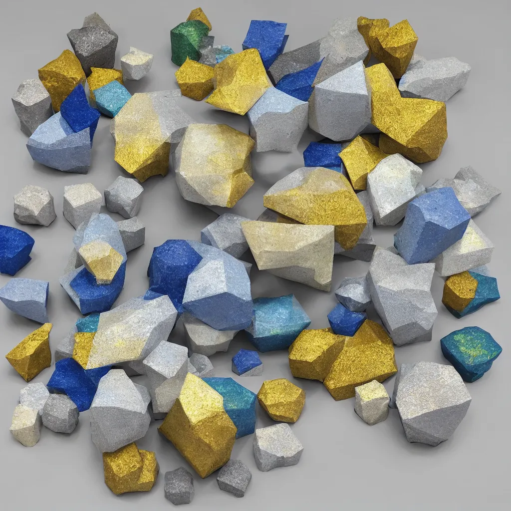 Prompt: 3 dimensional solid large globular geometric 3 d shapes made of solid impasto oil paint, with strong top right lighting creating shadows, each shape has a covering of sparkling golden pyrites cubes, colours cream and blue - grey