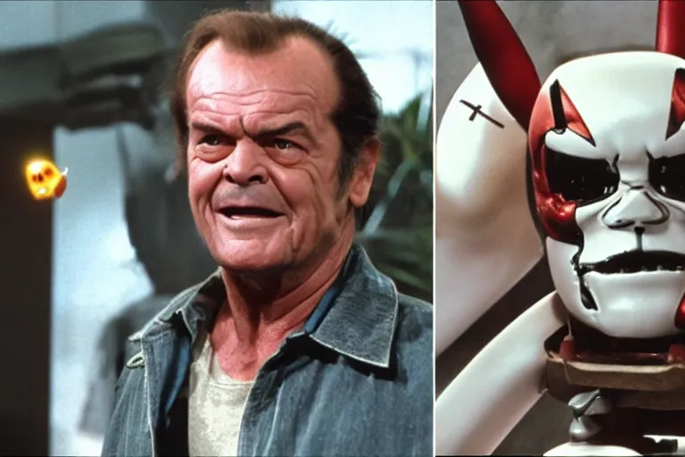 Image similar to Jack Nicholson plays Pikachu Terminator, Terminator's endoskeleton is exposed and his eye glows red, film finale