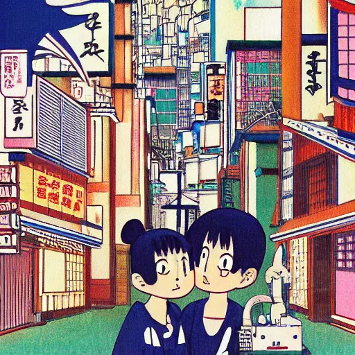 Image similar to the melancholic village of osaka by osamu tezuka, trending on pixiv