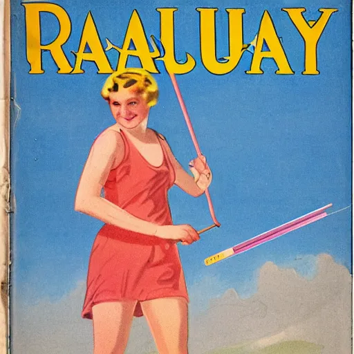 Image similar to a 1 9 2 8 cover of a quality magazine. happy, healthy, beautiful, smiling, young, sporty, glowing woman in decent athletic holding a glowing radium rod. hyper - realistic detailed color drawing