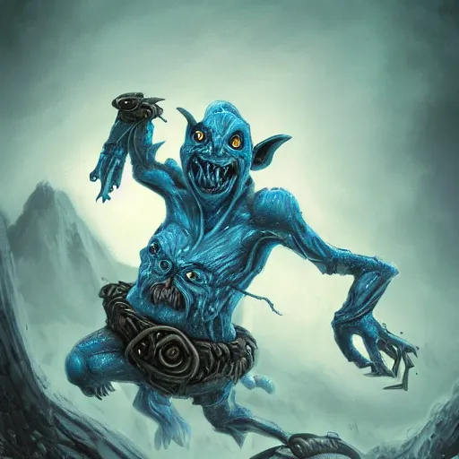 Image similar to a highly detailed goblin with grey skin and blue eyes that glow, surrounded by blowing wind, like magic the gathering, goblin chainwalker,, digital art, by christopher rush