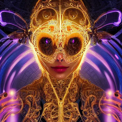 Prompt: very beautiful woman integrating with technology, full face frontal centered, portrait, insipiring, detailed intricate ornate neon pulsating cables connected to head, golden big eyes, luxurious detailed abundent wiring and implants, gold, renaissance, sci - fi, detailed technology background with cyber flowers and insects, dramatic lighting, photography, highly detailed, artstation, 8 k,