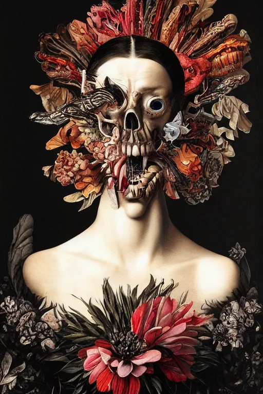 Prompt: Detailed maximalist portrait with large lips and with large white eyes, angry, exasperated expression, extra fleshy hands, high fashion, botanical bones, HD mixed media, 3D collage, highly detailed and intricate, surreal illustration in the style of Caravaggio, dark art, baroque