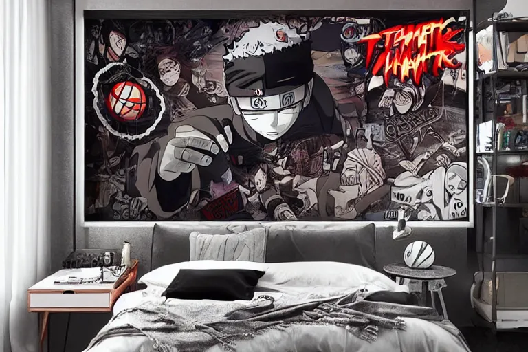 Prompt: teenager bedroom in industrial style, street art basketball and naruto manga style decorated wall, futuristic ambiance, gamer screen on metallic desk, cyber, intricate, very detailed, soft lighting, 8 k hd