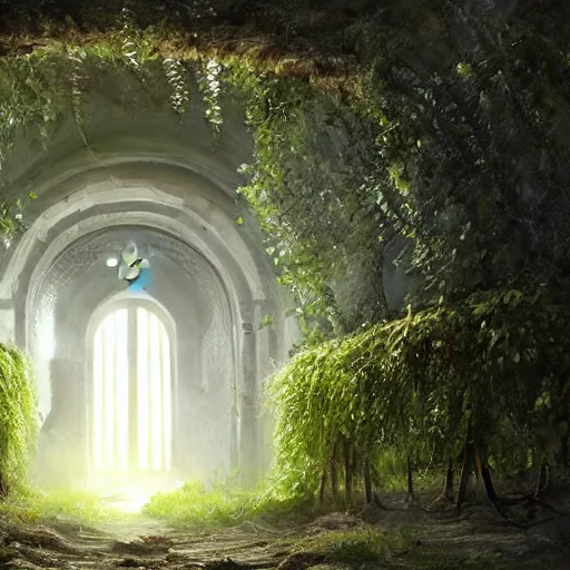 Image similar to a christian cross as the light at the end of the tunnel, with a few vines and overgrowth, concept art by Doug Chiang cinematic, realistic painting, high definition, digital art, symmetrical, very detailed, extremely high detail, photo realistic, concept art, unreal engine 5,