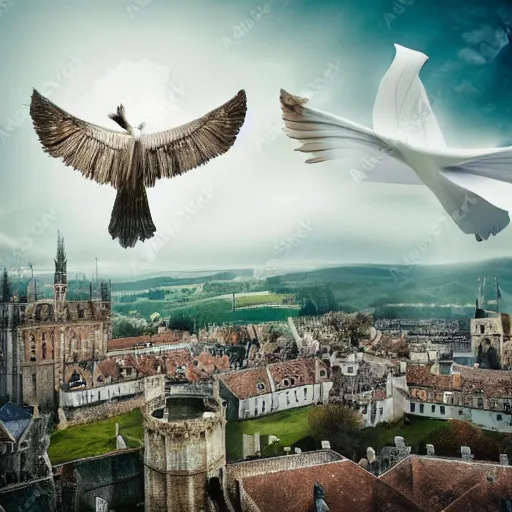 Image similar to toilet paper with long wingspan majestic flying over beautiful medieval background