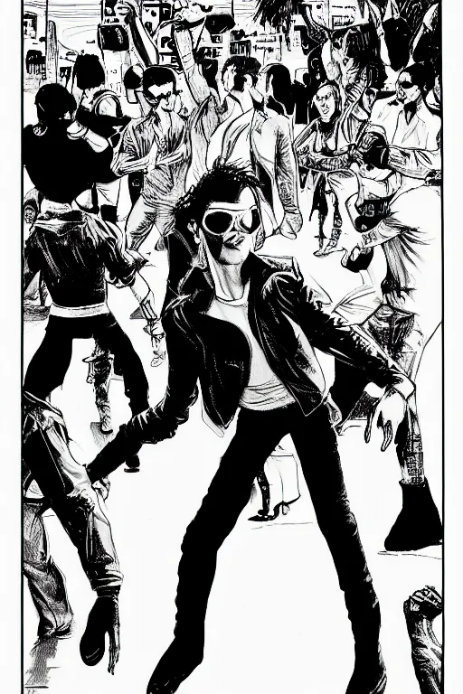 Image similar to michael jackson dancing, a page from cyberpunk 2 0 2 0, style of paolo parente, style of mike jackson, adam smasher, johnny silverhand, 1 9 9 0 s comic book style, white background, ink drawing, black and white