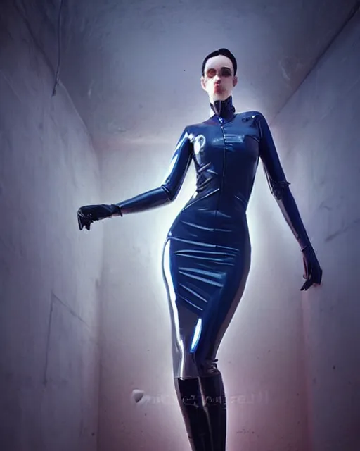 Image similar to Portrait of a futuristic rogue by Charlie Bowater, latex dress, gothic, short blue hair, complementary rim lights, backlit, posing, The Matrix, rain