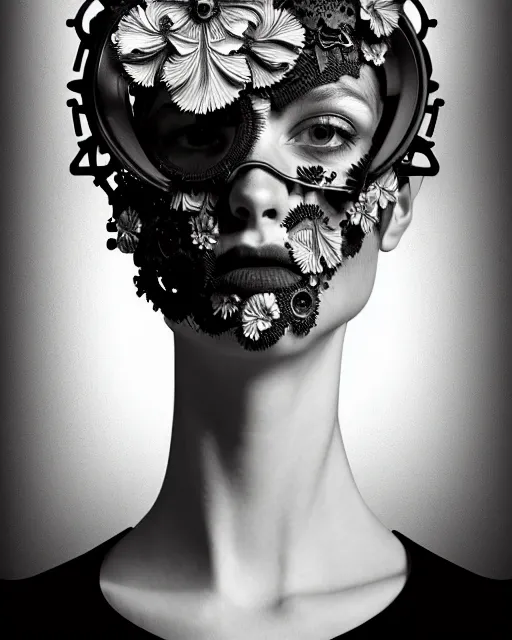 Prompt: masterpiece profile portrait painting, dutch masters, black and white, silver lace floral steampunk biomechanical beautiful one techno eye young female cyborg, big monocular, volumetric light, leaves foliage and stems, hibiscus flowers, by cecile beaton, rim light, big gothic fashion pearl embroidered collar, 8 k