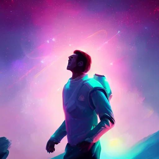 Prompt: digital painting of a man ascending to galactical bliss, stars and nebulas behind, dynamic lighting, cinematic shot, concept art, sci - fi, fantasy, artstation