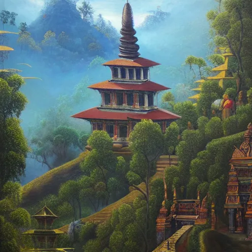 Image similar to a beautiful and highly detailed oil painting of an nepali temple in the kathmandu valley, detailed high buildings and rockets, forgotten valley, swirling mist, lush forests, intricate details, epic scale, insanely complex, 8 k, sharp focus, hyper realism, fantasy landscape, psychedelic, by caspar friedrich,