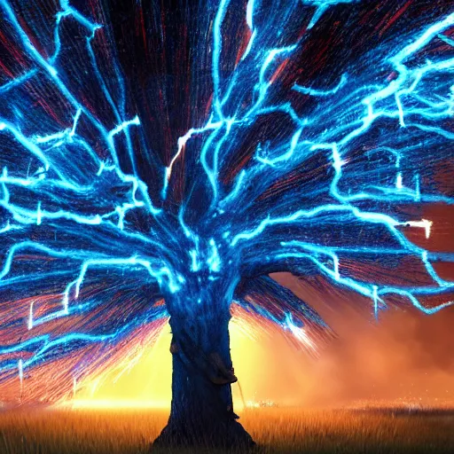 Prompt: A colorized matte painting of Tree surrounded by concentrated blue electrical discharges shooting sparks into the air and onto the ground surrounding the tree landscape by CGSociety