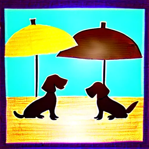 Prompt: two cute brown spaniel swimming by the seaside, parasols, bright towels, geometric, pop, sketch, artwork,lines