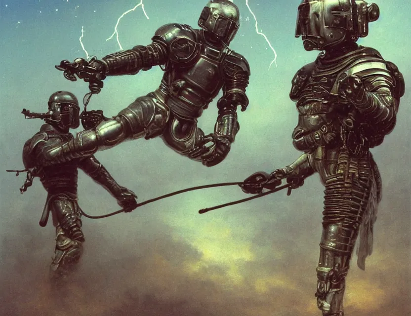 Image similar to a detailed portrait painting of a bounty hunter in combat armour and visor. cinematic sci-fi poster. Flight suit and wires, accurate anatomy. Samurai influence, fencing armour. portrait symmetrical and science fiction theme with lightning, aurora lighting. clouds and stars. Futurism by beksinski carl spitzweg moebius and tuomas korpi. baroque elements. baroque element. intricate artwork by caravaggio. Oil painting. Trending on artstation. 8k