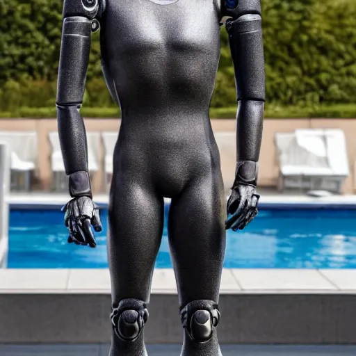 Image similar to a realistic detailed photo of a guy who is an attractive humanoid who is half robot and half humanoid, who is a male android, soccer player martin ødegaard, shiny skin, posing like a statue, blank stare, by the pool, on display, showing off his muscles, humanoid robot, frozen ice statue