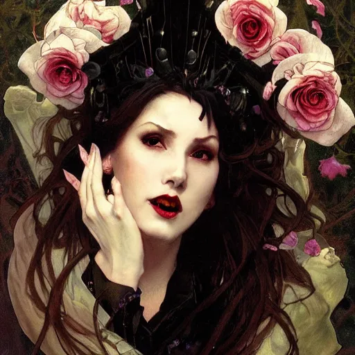 Prompt: portrait of a menacing beautiful vampire, face only, by Stanley Artgerm Lau , greg rutkowski, thomas kindkade, alphonse mucha, loish, norman rockwell, J. C. Leyendecker. hair waving in the wind, pale skin, sinister complexion, black rose crown, imagine bordered by thorns. D&D, fantasy. Trending on artstation rule of thirds extremely detailed illustration hd 4k