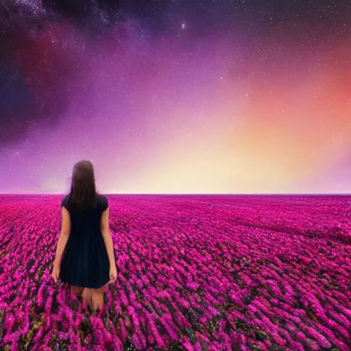 Prompt: girl among the flower field looks at the cosmic sky, epic, 4 k, high detalied, hyper realistic