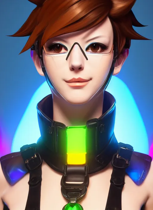 Image similar to portrait bust digital artwork of tracer overwatch, wearing black iridescent rainbow latex, 4 k, expressive happy smug expression, makeup, in style of mark arian, angel wings, wearing detailed black leather collar, chains, black leather harness, detailed face and eyes,