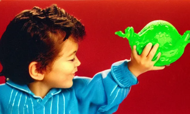 Prompt: kid playing with slime monster, realistic, toy commercial photo, photo from the 80s