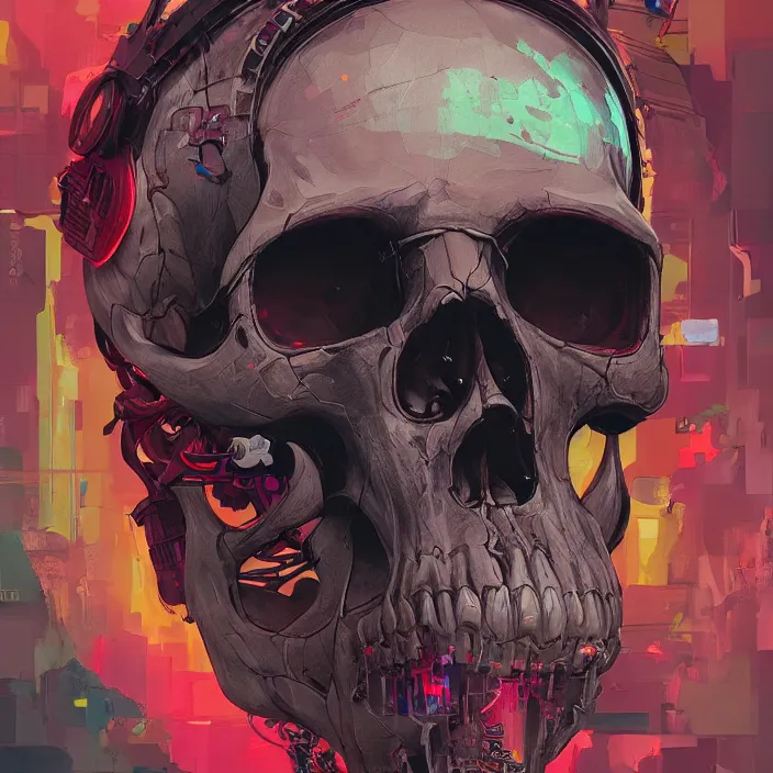 Image similar to a beautiful painting of a cyberpunk skull by pascal blanche and sachin teng and julian calle and nekro. in style of colorful comic noir illustration, symmetry, sci fi, hyper detailed. octane render. trending on artstation