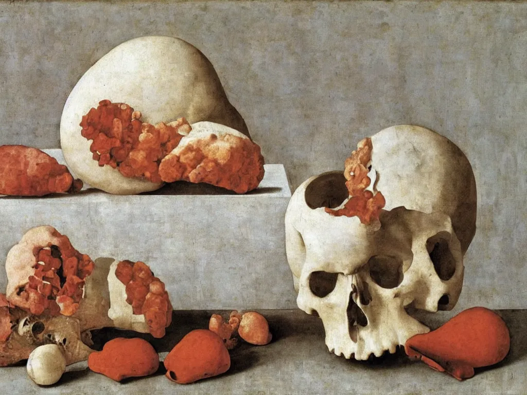 Prompt: Still life with skull corals, skull conch shell, white cloth, lily, skull water cup. Painting by Piero della Francesca, Zurbaran, Morandi