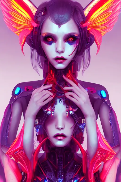 Image similar to portrait futuristic Devil Girl with horns and wings, in future cyberpunk tokyo rooftop , ssci-fi, fantasy, intricate, very very beautiful, elegant, human anatomy, neon light, highly detailed, digital painting, artstation, concept art, smooth, sharp focus, illustration, art by tian zi and WLOP and alphonse mucha