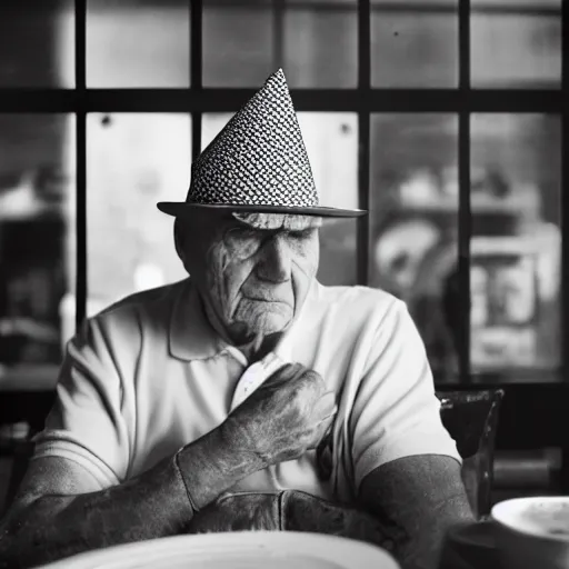 Prompt: a still of a lonely, melancholic old man staring at a slice of cake in a diner, he wears a birthday hat, infront of him is a framed photo facing him, dramatic contrasting light, 50mm, shot on a leica