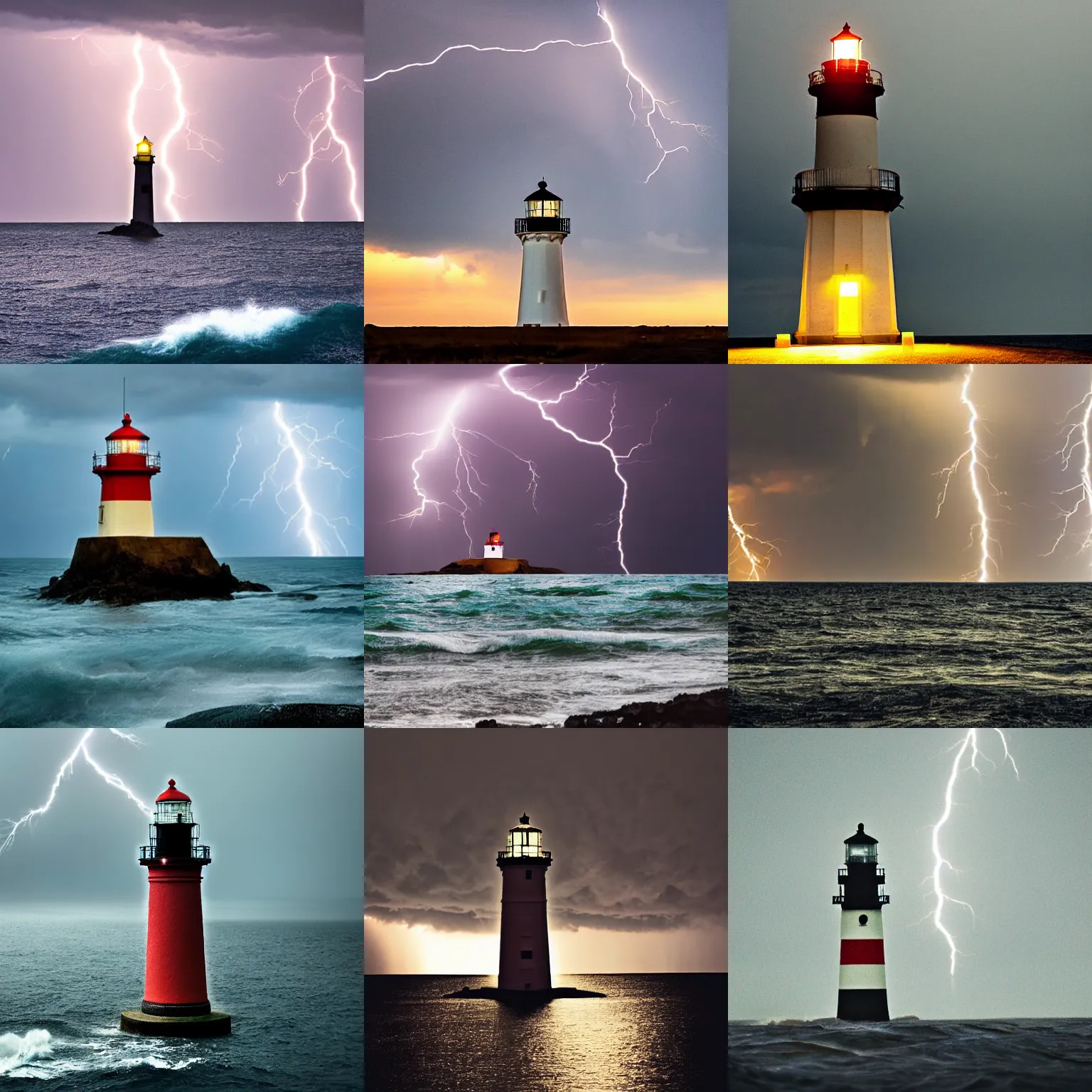 Prompt: A lighthouse in the middle of an ocean, illuminated by a lightning bolt on a dark stormy night