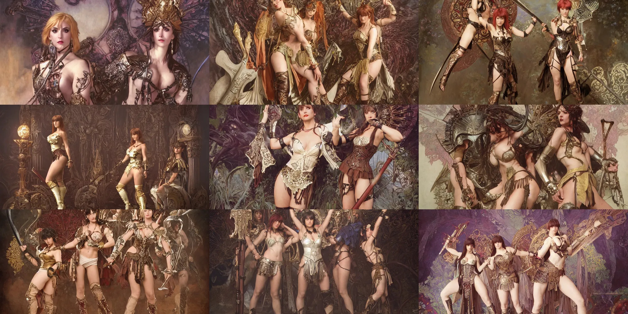 Prompt: scenes from the soulcalibur and xena warrior princess mashup, by luis ricardo falero, by mucha, gothic and victorian and roman architecture, intricate jewelry, vests, corsets, kneehigh boots, ornate, filigree, bloom, rim lighting, cinematic lighting, god rays, artstation, cgsociety, rendered in octane.