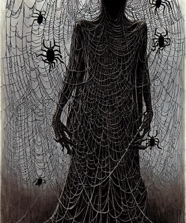 Prompt: a woman standing all covered in spiders. arachnophobia, fear of spiders, incredible number of spiders. extremely high details, many spider paws and eyes, realistic, horror, creepy, web, masterpiece, colorful art by zdzislaw beksinski, arthur rackham, dariusz zawadzki, ed binkley