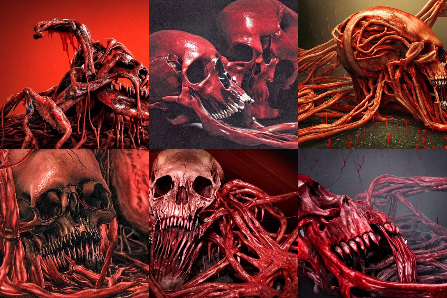 Prompt: a dark red gory structure of intertwined decaying muscles, animal skulls monstrously molten together, eyes, sharp teeth, and intestines lying in a pool of clotting blood and pus, slowly engulfing its surroundings with twitching veins and bloody intestines, dark hazy room, a high-quality photo, hyperrealistic, in color