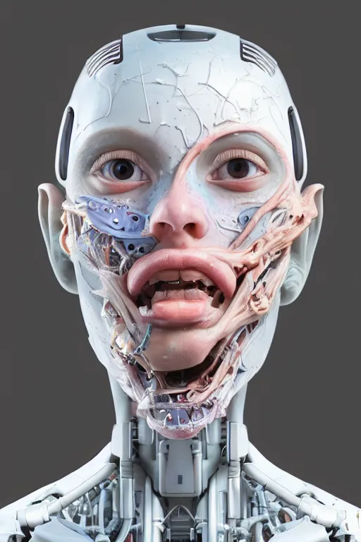 Prompt: beautiful portrait of a teen robot making funny face, dystopian, biopunk, skin details, digital painting, sculpted in zbrush, artstation, concept art, smooth, sharp focus, illustration, chiaroscuro, soft lighting, golden ratio, rule of thirds, fibonacci, art by Audubon, incredible art by Stanley Artgerm Lau and Greg Rutkowski, composition by mike mignola and Simon Stalenhag,