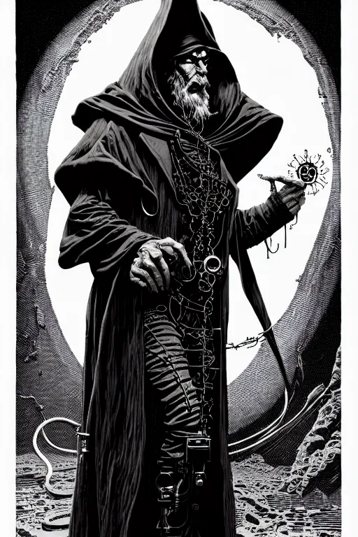 Image similar to side view of a cloaked ancient alchemist steampunk wizard casting a spell, high details, lineart, by vincent di fate and joe fenton,, inking, screen print, masterpiece, trending on artstation, sharp, high contrast, hyper - detailed, hd, 4 k, 8 k