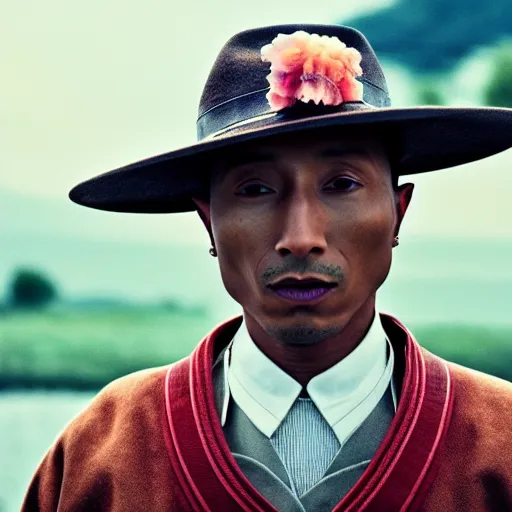 Image similar to cinematic film still Pharrell Williams starring as a Samurai holding fire, Japanese CGI, VFX, 2003, 40mm lens, shallow depth of field,film photography