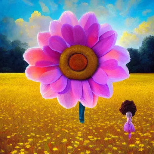 Image similar to giant daisy flower as head, girl ballet dancing in a flower field, surreal photography, sunrise, dramatic light, impressionist painting, colorful clouds, digital painting, artstation, simon stalenhag