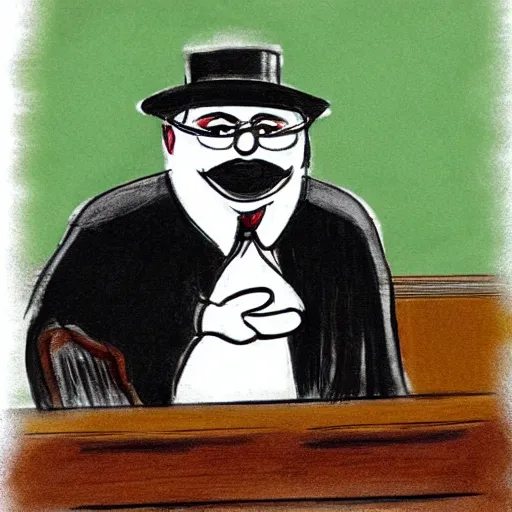 Prompt: court room sketch of the hamburglar testifying in court