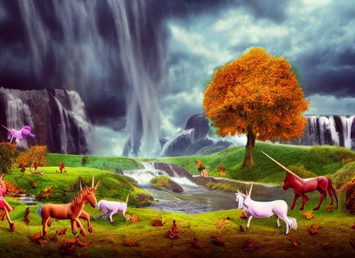 Image similar to unicorns in an autumnal landscape, river and waterfalls, pretty tree with fruits, tormented sky with rain in the background, immaculate horns, little pixies and goblins playing, inspired by clark amanda and corfield paul