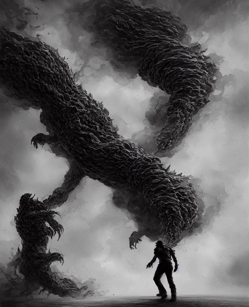 Prompt: a painting of a giant smoke monster fighting a young man, dark colors, sinister atmosphere, dramatic lighting, cinematic, establishing shot, extremely high detail, photo realistic, cinematic lighting, pen and ink, intricate line drawings, by Yoshitaka Amano, Ruan Jia, Kentaro Miura, Artgerm, post processed, concept art, artstation, matte painting, style by eddie mendoza, raphael lacoste, alex ross,