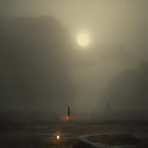 Image similar to gigantic mecha walking, dense fog,, sunset, jakob rozalski
