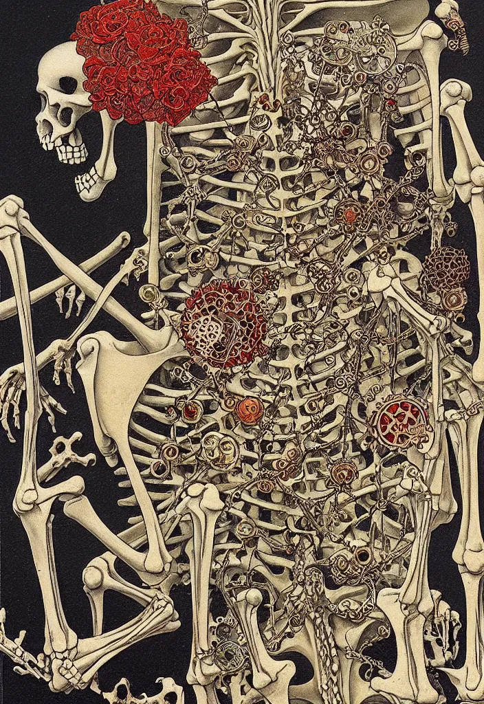 Image similar to prompt: old Victorian painting frame made out of skeleton and trinkets drawn by Takato Yamamoto, alchemical objects inspired by 1980's sci-ci, old experimentation cabinet, intricate oil painting detail, manga 1980