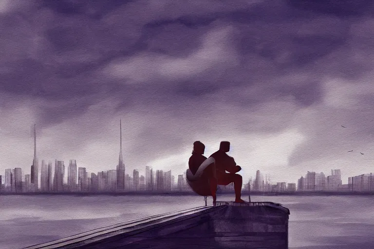 Image similar to A man sitting on a jetty, city in the background, cinematic lighting, Digital Painting