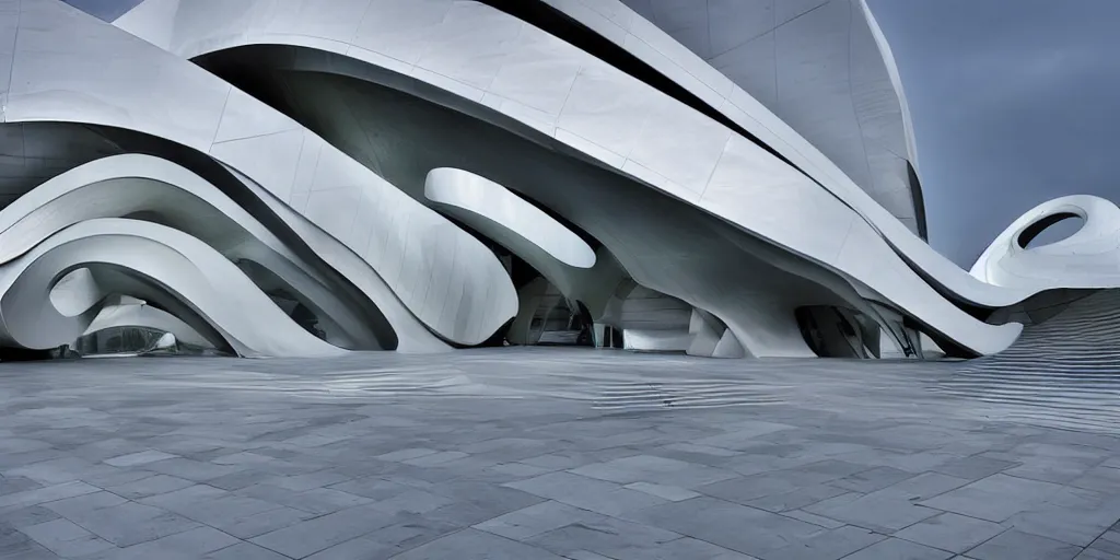 Image similar to extremely elegant smooth detailed stunning sophisticated beautiful elegant futuristic museum exterior by Zaha Hadid, smooth curvilinear design, stunning volumetric light, stainless steel, concrete, translucent material, beautiful sunset, tail lights